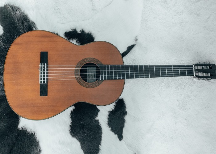 brown acoustic guitar on white and black textile