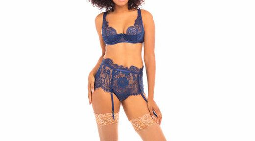 Woman with blue Oh La La Cheri Georgia lace bra set